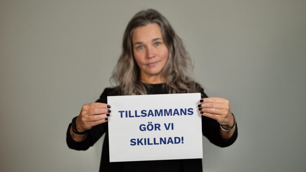 Person som håller skylt "Tillsammans gör vi skillnad"