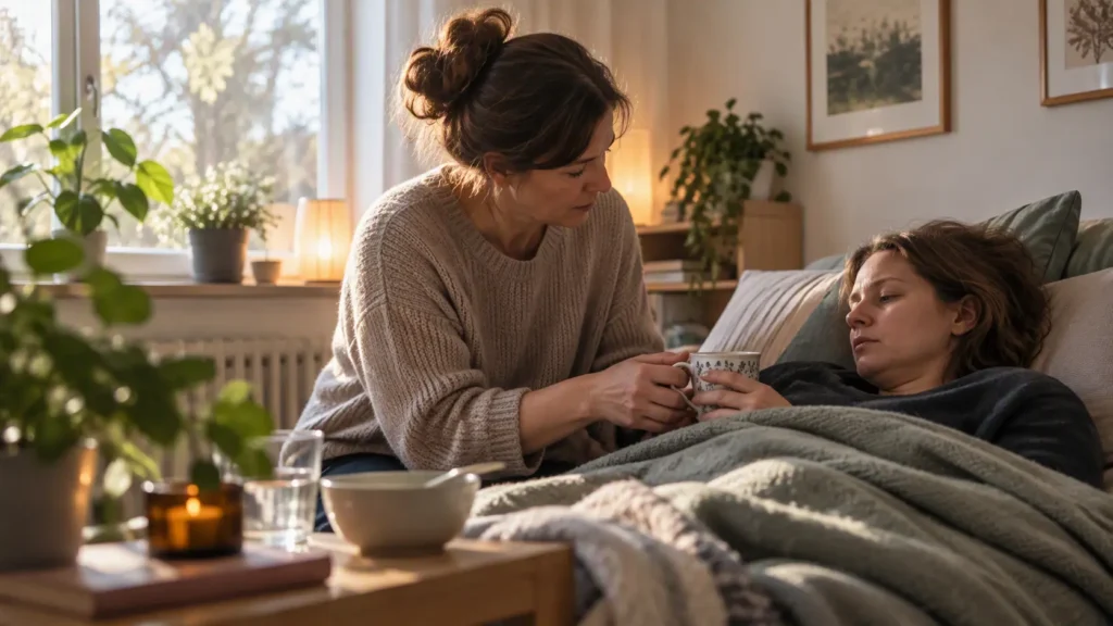 Kvinna som tar hand om sängliggande kvinna